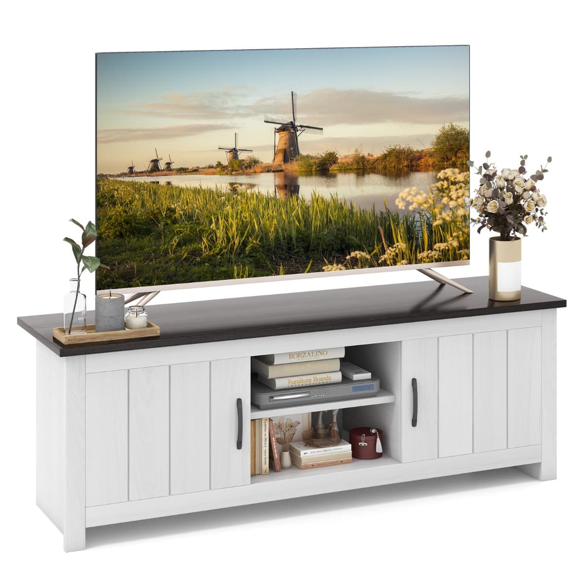 60'' Meuble TV avce 4 Compartiments 2 portes 2 Trous de Gestion des Câbles pour Salon Chambre 145 x 3
