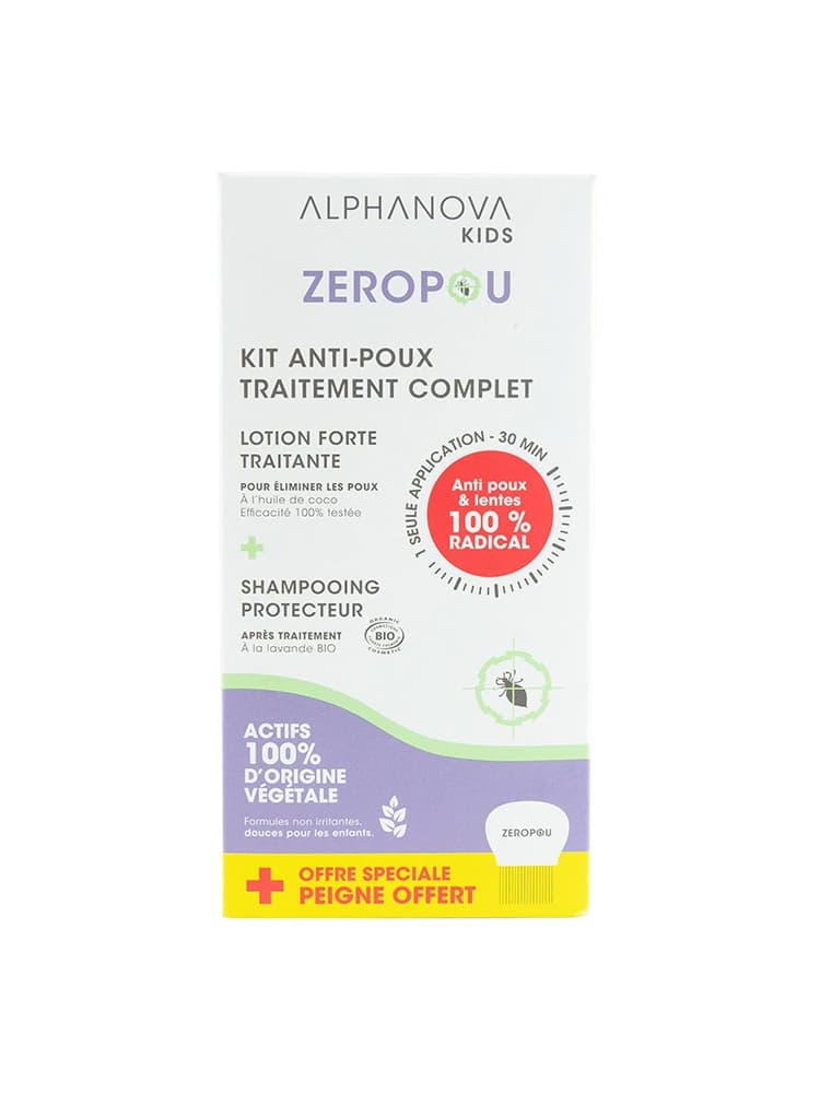 Alphanova Kids Zeropou Kit Anti Poux Traitement Complet Lotion + Shampoing + Peigne Offert