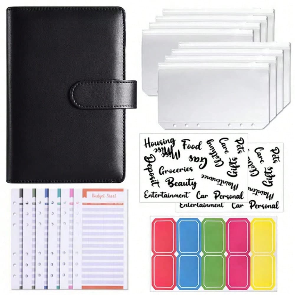 1 pièce Budget Cash Envelope Zipper A6 ,Reliure à feuilles mobiles de budget, 8 sacs organisateurs de budget étanches, 12 cartes de budget,2