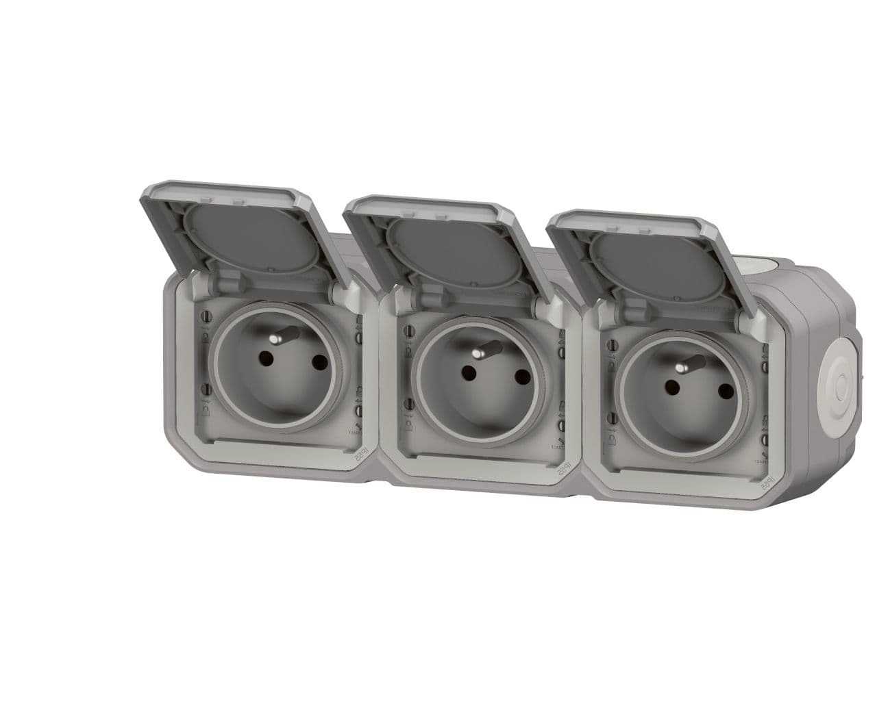 Prise de courant triple horizontal 16A 2P+T Legrand Plexo™ grise complète