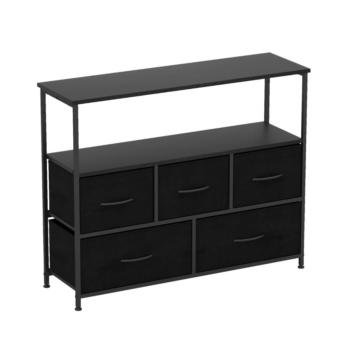 CostwayCommode pour Chambre avec 5 Tiroirs Large Commode de Rangement avec 2 Étagères Ouvertes en Bois et Cadre Métallique Robuste Noir