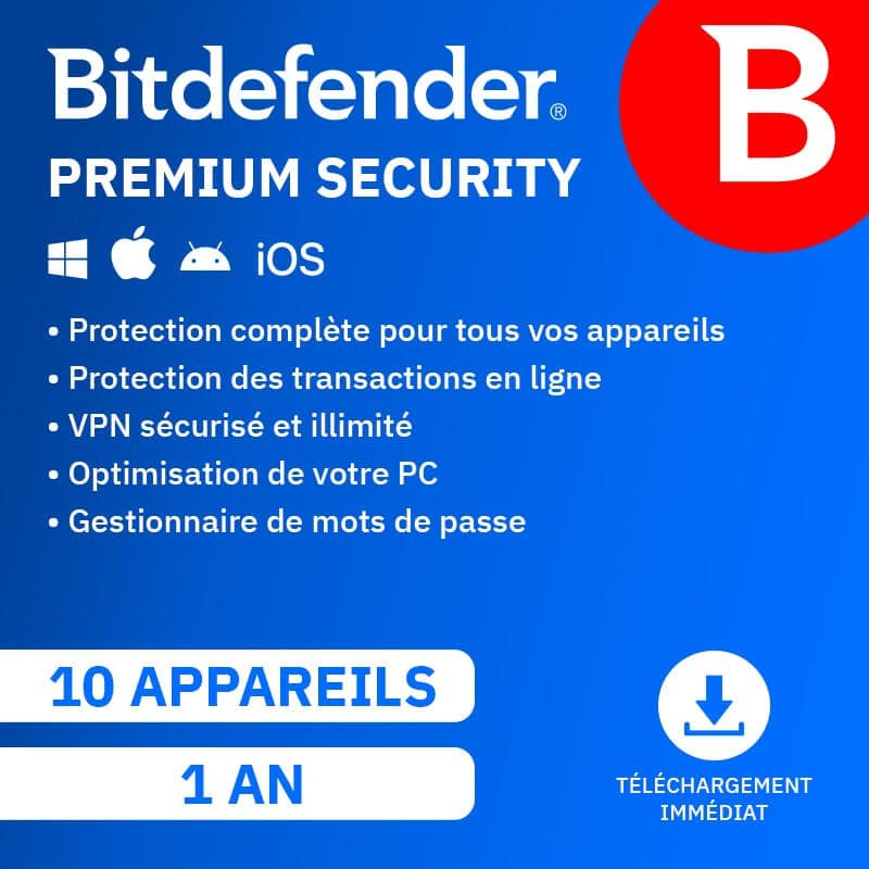 Bitdefender Premium Security 2026 | Renouvellement automatique | 10 Appareils | 1 An | Téléchargement