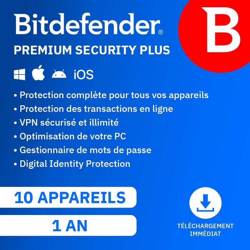 Bitdefender Premium Security Plus 2026 | Renouvellement automatique | 10 Appareils | 1 An | Téléchargement